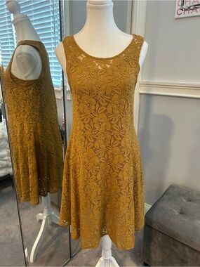 Free People Mustard Lace Fit-and-Flare Mini Dress Size Small